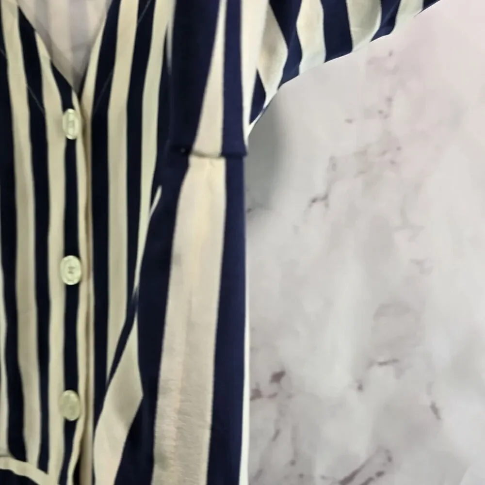 Vintage Silk Dress Womens Large 12 Navy Cream White Midi Maxi Striped Talbots - Picture 14 of 16